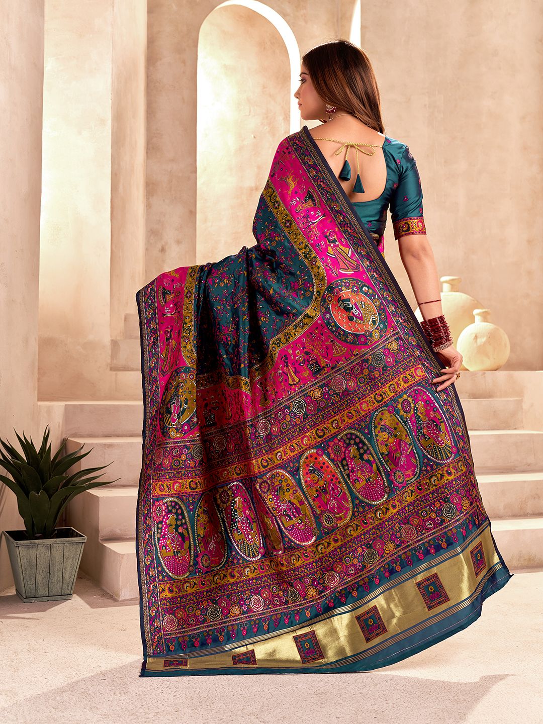 Serendipity Rama Nylon Dola Pashmina Saree With Panache Blouse Piece