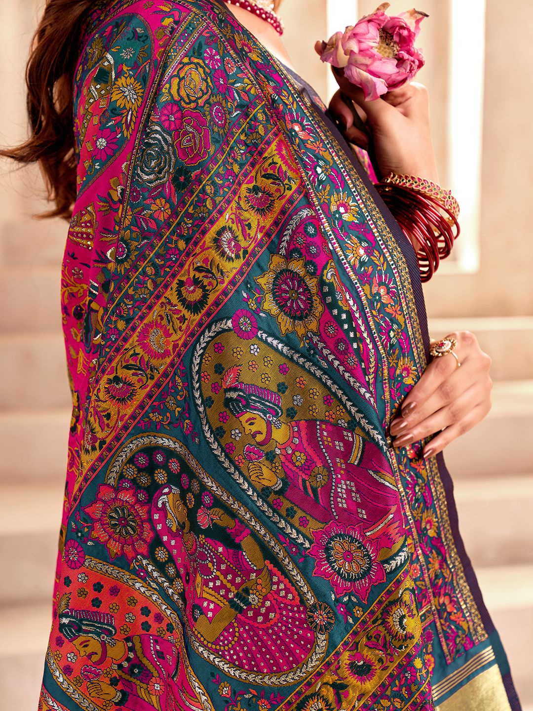Serendipity Rama Nylon Dola Pashmina Saree With Panache Blouse Piece