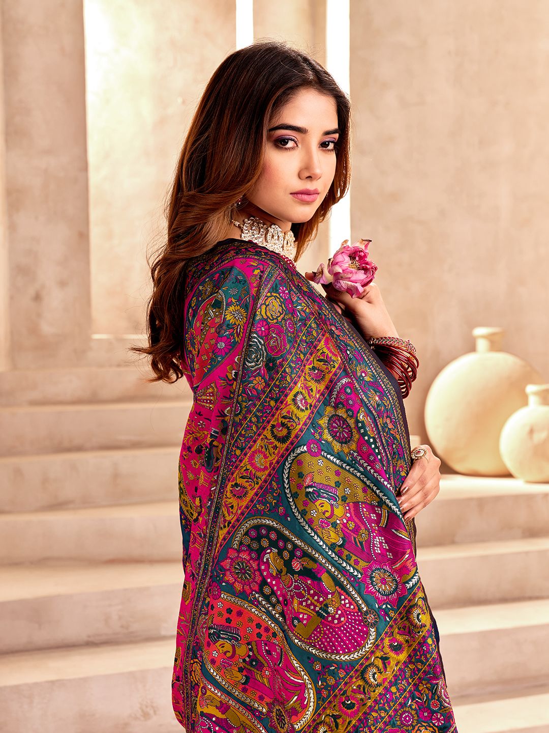 Serendipity Rama Nylon Dola Pashmina Saree With Panache Blouse Piece