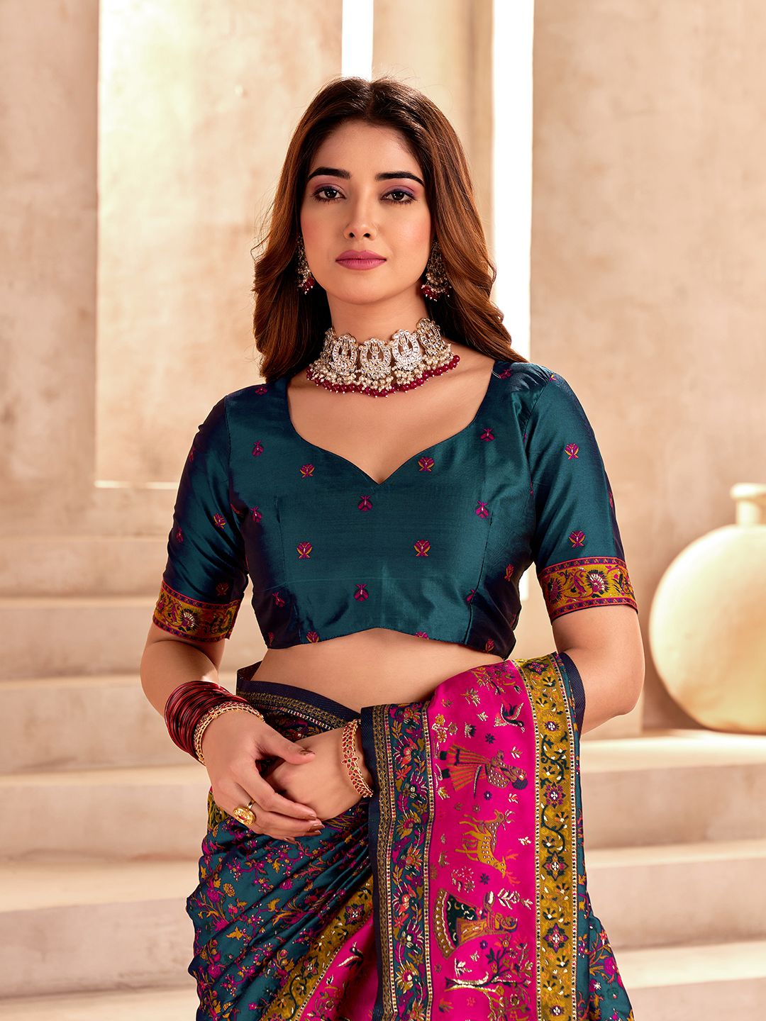Serendipity Rama Nylon Dola Pashmina Saree With Panache Blouse Piece