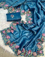 Rhapsody Blue Embroidery Work Crush Silk Saree With Surreptitious Blouse Piece