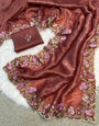 Forbearance Brown Embroidery Work Crush Silk Saree With Quixotic Blouse Piece