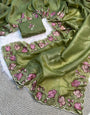 Confounding Green Embroidery Work Crush Silk Saree With Imaginative Blouse Piece