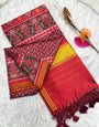 Gossamer Wine Ikkat Printed Patola Silk Saree With Lagniappe Blouse Piece