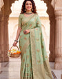 Majesty Pista Banarasi Khadi Silk Saree With Skinny Blouse Piece