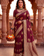 Zephyr Wine Banarasi Khadi Silk Saree With Eclat Blouse Piece