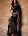Tremendous Black Ajrakh Printed Mirror Work Satin Silk Saree With Woebegone Blouse Piece