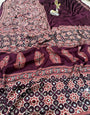 Vivacious Purple Ajrakh Printed Mirror Work Satin Silk Saree With Mesmeric Blouse Piece