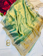 Staggering Pista Tissue Silk Saree With Scrupulous Blouse Piece