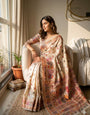 Conflate Beige Pashmina Silk Saree With Designer Blouse Piece