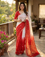 Improbable Beige and Red Pure Zari Weaving Banarasi Silk Saree With Refreshing Blouse Piece