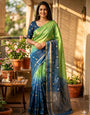 Lassitude Green and Blue Pure Zari Weaving Banarasi Silk Saree With Desiring Blouse Piece