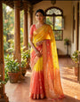 Gratifying Yellow and Pink Pure Zari Weaving Banarasi Silk Saree With Exceptional Blouse Piece