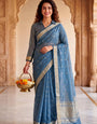 Inimitable Blue Zari Weaving Linen Silk Saree With Redolent Blouse Piece