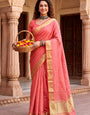 Classic Peach Zari Weaving Linen Silk Saree With Rhapsody Blouse Piece