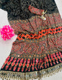 Diaphanous Black Ajrakh Printed Mirror Work Satin Silk Saree With Ravishing Blouse Piece