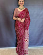 Moiety Wine Ajrakh Printed Mirror Work Satin Silk Saree With Smashing Blouse Piece
