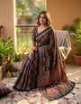 Incomparable Black Ajrakh Printed Mirror Work Satin Silk Saree With Pleasant Blouse Piece