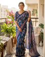 Angelic Blue Ajrakh Printed Mirror Work Satin Silk Saree With Marvellous Blouse Piece