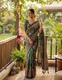 Beleaguer Dark Green Ajrakh Printed Mirror Work Satin Silk Saree With Fantabulous Blouse Piece