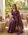 Bucolic Purple Ajrakh Printed Mirror Work Satin Silk Saree With Profuse Blouse Piece