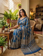 Delectable Rama Ajrakh Printed Mirror Work Satin Silk Saree With Snazzy Blouse Piece