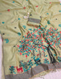 Sizzling Pista Pure Munga Cotton Silk Saree With Gorgeous Blouse Piece