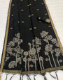 Fragrant Black Pure Munga Cotton Silk Saree With Enigmatic Blouse Piece
