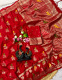 Desultory Red Banarasi Khadi Silk Saree With Lustrous Blouse Piece