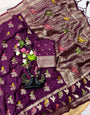 Splendiferous Wine Banarasi Khadi Silk Saree With Gratifying Blouse Piece
