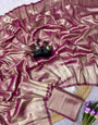 Resonant Dark Pink Banarasi Tissue Silk Saree With Innovative Blouse Piece