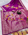 Twirling Purple Banarasi Khadi Silk Saree With Glowing Blouse Piece