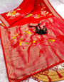 Exemplary Red Banarasi Khadi Silk Saree With Embellished Blouse Piece