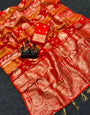 Inimitable Orange Banarasi Khadi Silk Saree With Skinny Blouse Piece