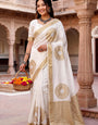 Woebegone Off White Banarasi Khadi Silk Saree With Exceptional Blouse Piece