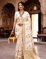 Captivating Off White Banarasi Khadi Silk Saree With Mellifluous Blouse Piece