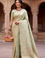 Phenomenal Pista Khadi Georgette Banarasi Silk Saree With Entrancing Blouse Piece