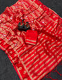 Staring Red Khadi Georgette Banarasi Silk Saree With Profuse Blouse Piece