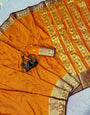 Glorious Mustard Pure Banarasi Silk Saree With Ailurophile Blouse Piece