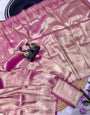 Transcendent Pink Banarasi Tissue Silk Saree With Twirling Blouse Piece