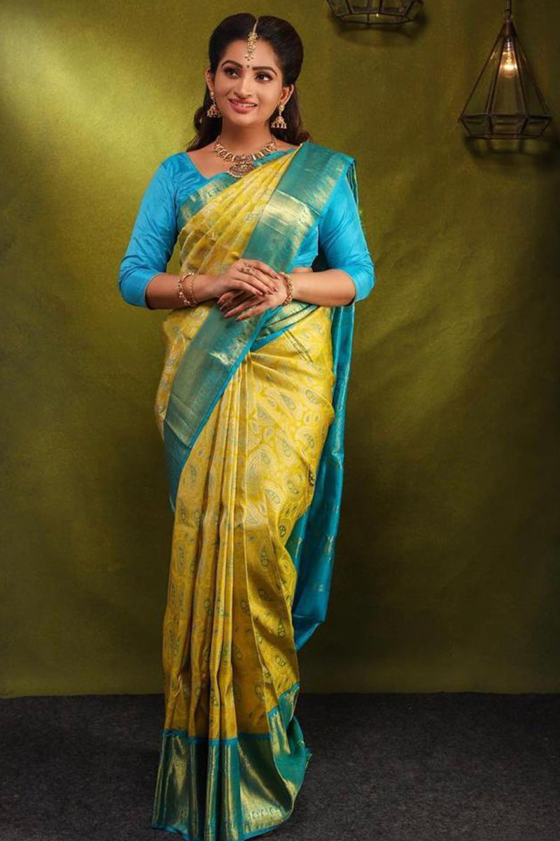 Zephyr Yellow Soft Silk Saree With Engrossing Blouse Piece