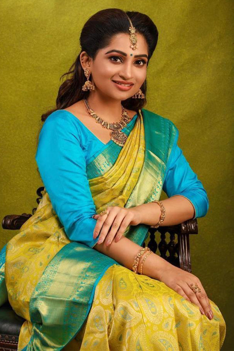 Zephyr Yellow Soft Silk Saree With Engrossing Blouse Piece