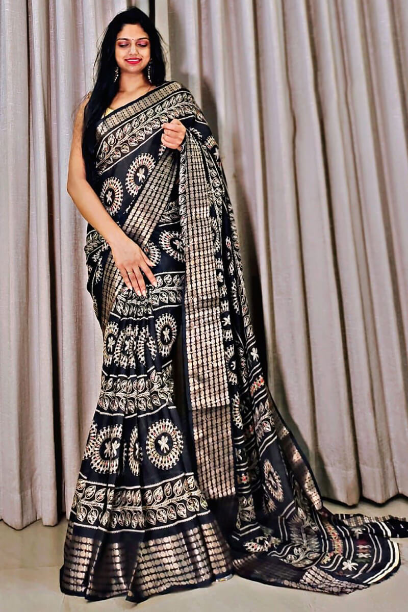 Smoky Black Printed Dola Silk Saree