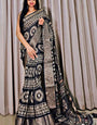 Smoky Black Printed Dola Silk Saree