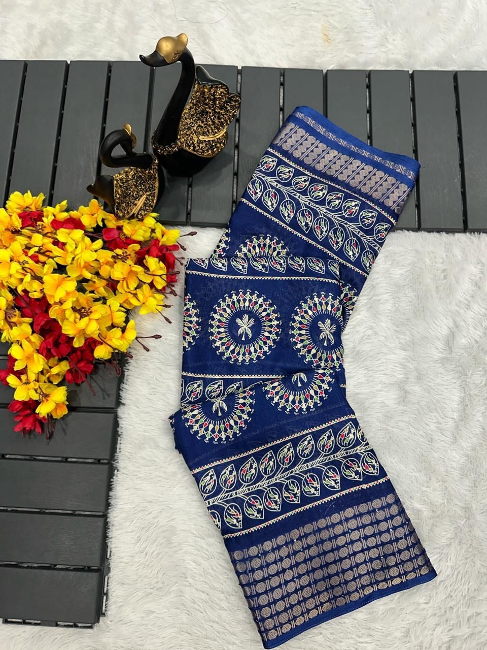 Egyptian Blue Printed Dola Silk Saree