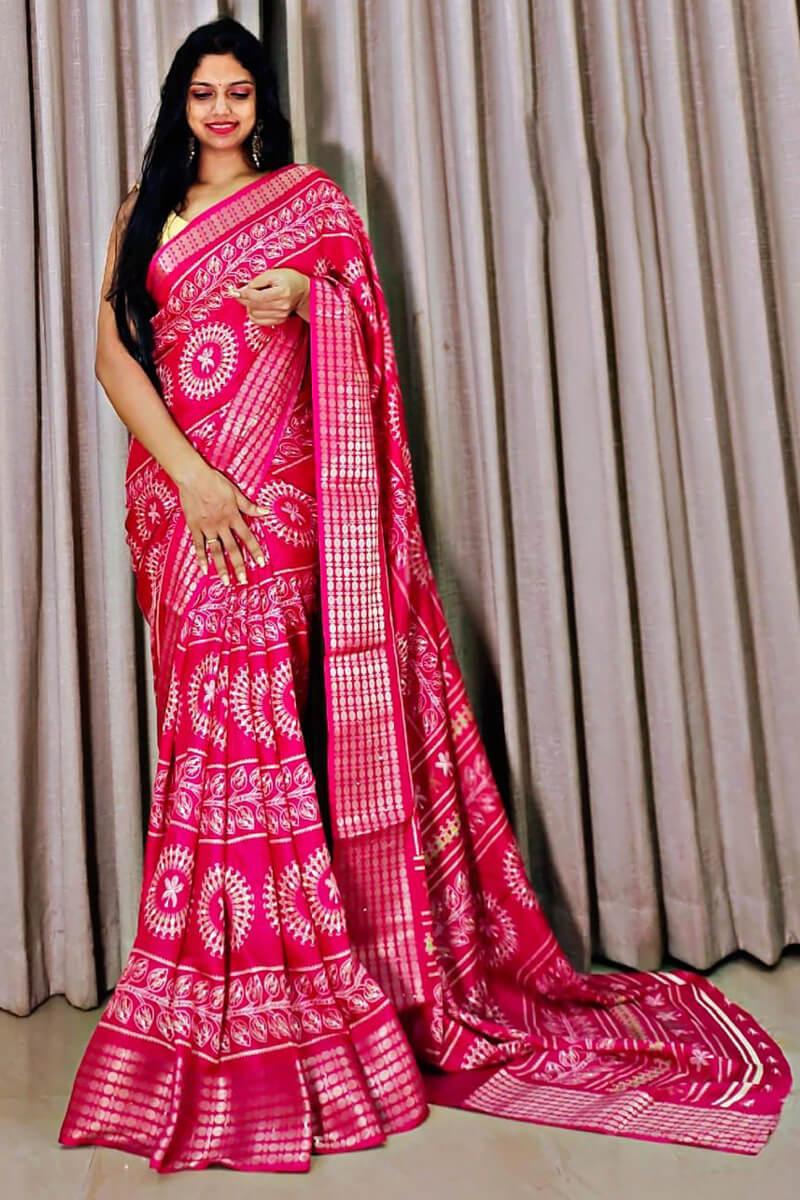 Lipstick Pink Printed Dola Silk Saree