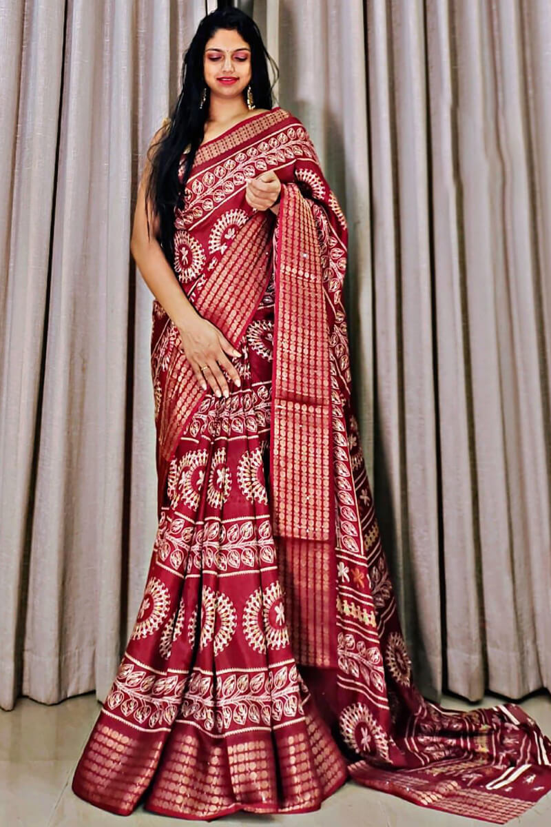 Oak Maroon Printed Dola Silk Saree