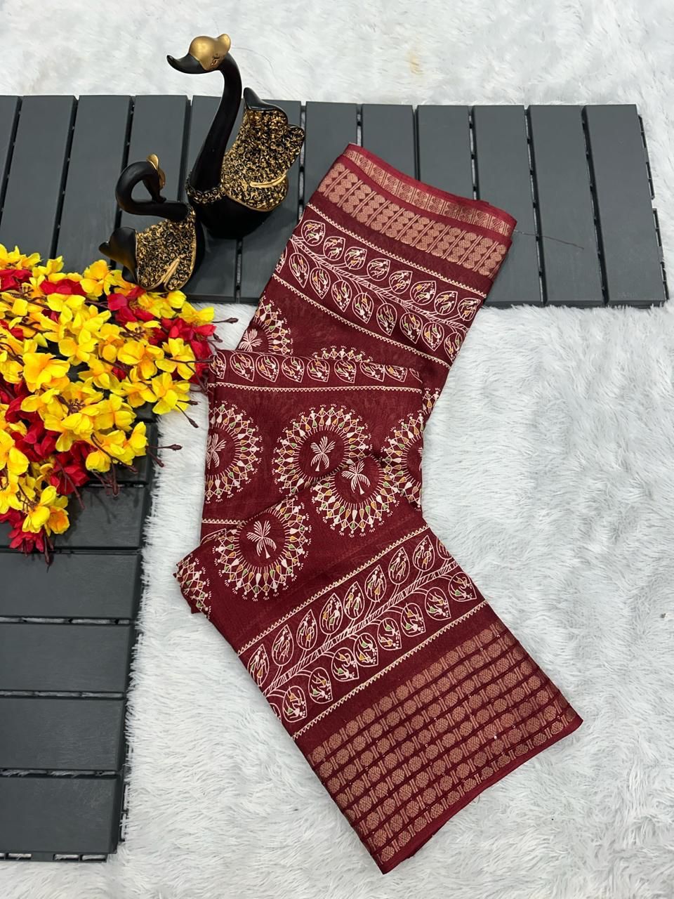 Oak Maroon Printed Dola Silk Saree