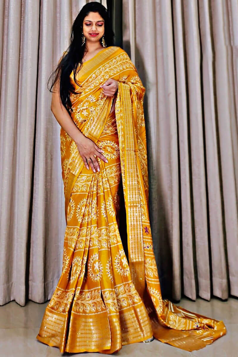 Chrome Yellow Printed Dola Silk Saree