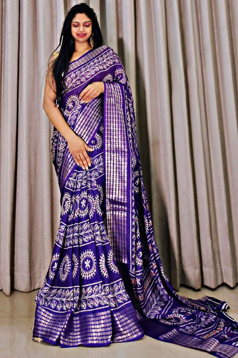 Cloud Burst Blue Printed Dola Silk Saree